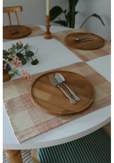 Yakacihome Juta Kırmızı 5 Parça 4 Parça Amerikan Servis & 1 Parça Püsküllü Runner Jüt Kumaş Sofra Seti Kırmızı