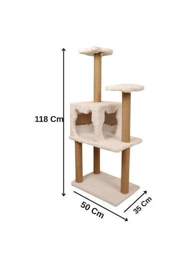 Pribor Üç Katlı Yuvalı Lüx Kedi Tırmalama Platformu Ve Kedi Oyun Evi Beyaz 118 Cm