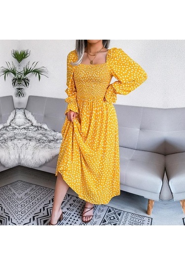 Novahub Sonbahar-kış Kare Yaka Uzun Kollu A-line Pileli Elbise Kırmızı S-xl Kadın Giyim Kırmızı