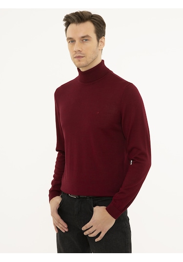 Cacharel Bordo Slim Fit Balıkçı Yaka Basic Triko Kazak Kırmızı