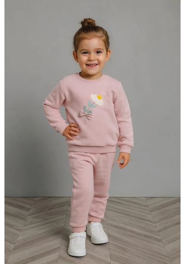 Papatya Nakışlı %100 Pamuk 2 Li Çocuk Eşofman Takımı Gül Kurusu