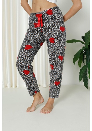 Luxury Soft Welsoft Polar Desenli Kurdeleli Kışlık Pijama Altı Pantolon Leopar Çok Renkli