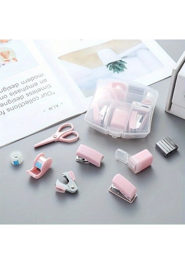 Gateesat Pembe 8 Parça Mini Ofis Seti - Bant Dispanseri Delgeç Zımba Çıkarıcı Makas Kalemlik Diğer