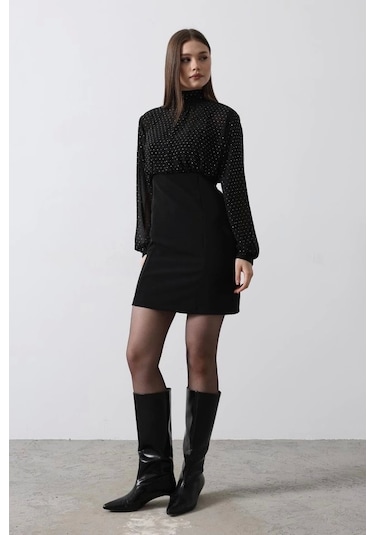 Taşlı Şifon Elbise - Siyah Siyah