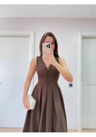 V Yaka Krep Arka Ön Pens Detaylı Uzun Kolsuz Elbise- Kahverengi Kahverengi
