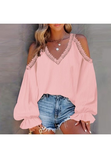 Vonda Kadın Vintage V Yaka Fener Uzun Kollu Omuzdan Bağlamalı Dantel Bluzlar Pembe