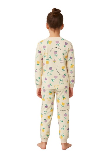 Magnifi Ove Yazılı Lale Baskılı Kız Çocuk Pijama Takımı Ekru