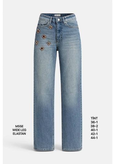 Miss Poem Kadın Tint Mavi Taş İşlemeli Geniş Paça Jean Pantolon