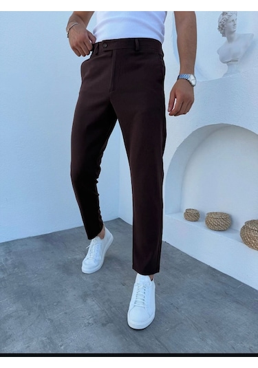 Erkek Kahverengi Kaliteli Esnek Likralı Bilek Boy Kumaş Pantolon Kahverengi