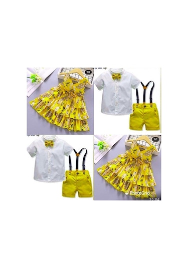 MODAVALS LİMON SARI KARDEŞ KOMBİN ÇİÇEKLİ KIZ ÇOCUK ELBİSE & BANDANA KOMBİN Sarı