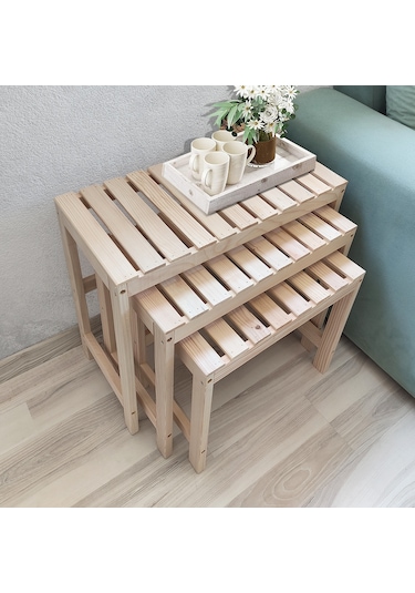 Zigon Sehpa Doğal Ahşap 3 Lü Sehpa Seti