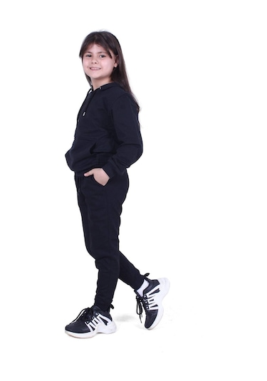 Fyk Kids Kapşonlu, Kanguru Cepli Düz Desen Kız Çocuk Alt-üst Takım Siyah