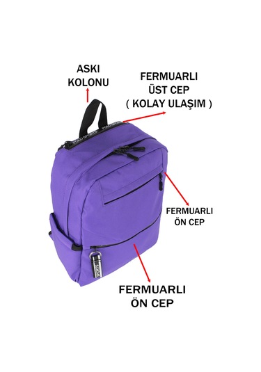 Mor Okul Sırt Çantası Ortaokul Lise Geniş İç Hacim Su Geçirmez Kumaş Yandan Cepli Mor