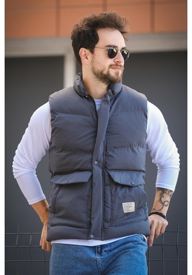 Octave Suya Dayanıklı Kapaklı Cepli Etiket Detaylı Dik Yaka Erkek Şişme Yelek Füme