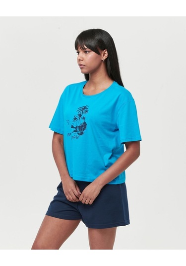 Bella Dossi Pamuklu Kısa Kollu Baskılı Kadın Şortlu Pijama Takımı Mavi