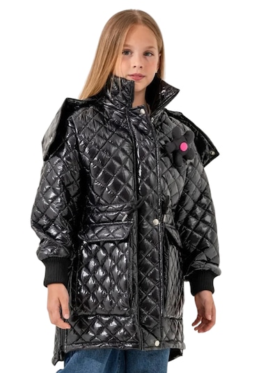 Kız Çocuk Kapitone Model Kapüşonu Çıkabilen İçi Astarlı Etek Kısmı Fermuarlı Parlak Siyah Renk Mont Siyah