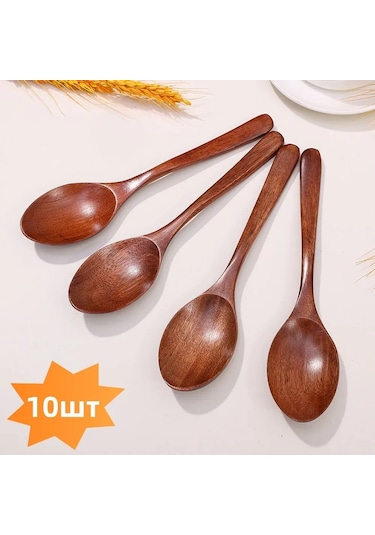 Yifomall 10'lu Ahşap Uzun Saplı Yemek Kaşığı Seti - Doğal Nanmu Ağacı, 18.5cm Diğer