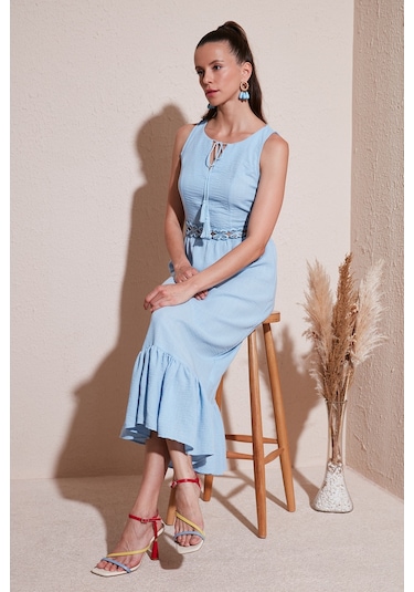 Lela Regular Fit Volanlı Kolsuz Midi Bayan Elbise 611El574 Bebe Mavi