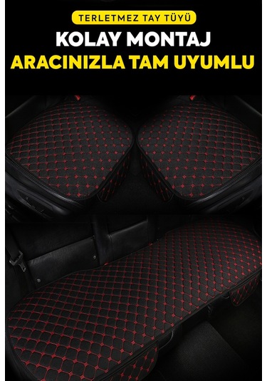 Tay Tüyü Oto Koltuk Minder Seti - Cepli & Terletmez - Siyah Kırmızı