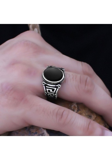 Vog Siyah Oniks Taşlı Greek Desen Özel Seri 925 Ayar Erkek Gümüş Yüzük