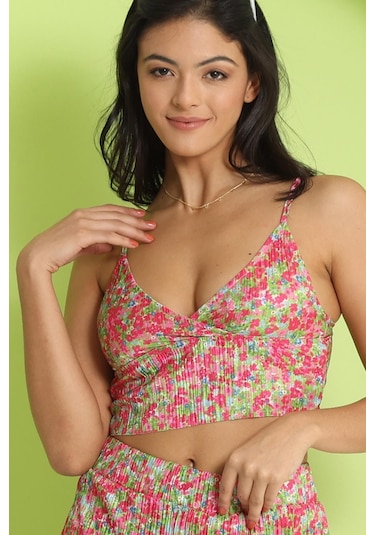 Polo State Kadın Pliseli Çiçek Desenli Crop Pembe
