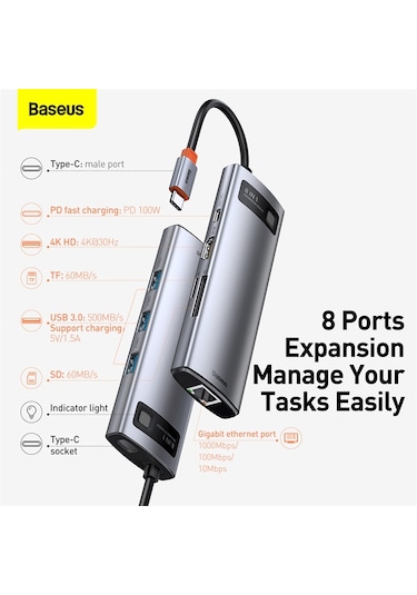 Baseus Metal Gleam 8in1 Multifonksiyonel Type-C Hub Dock Station