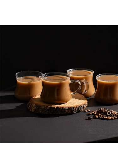 Porsima Pbt-706 Borosilikat Isıya Ateşe Dayanıklı Cam Kulplu 4 Lü Çay Bardağı Kahve Bardak Seti Kupa Şeffaf 250ml Şeffaf