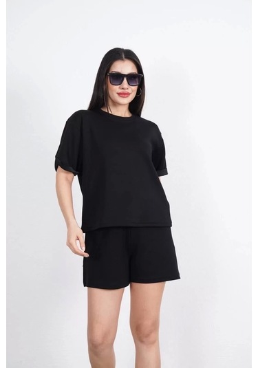 Osy Modal Yumuşak Dokulu Kumaş Kadın Bisiklet Yaka T-shirt Kısa Şort İkili Takım - Siyah Siyah