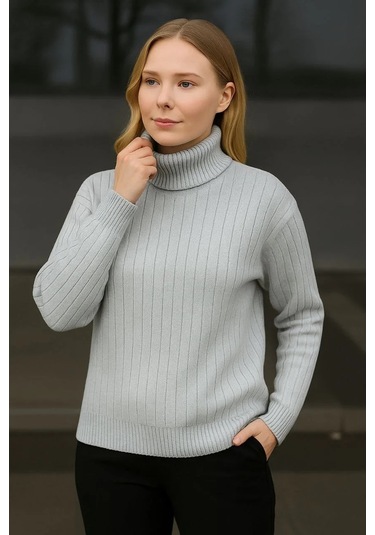 Kadın Balıkcı Yaka Bağazlı Triko Kazak Pamuklu Kalın Fitilli Dokuma - Gri Gri