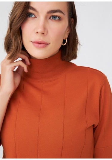 Peraluna Balıkçı Yaka Kısa Kollu İnce Basic Kadın Triko Bluz-Turuncu