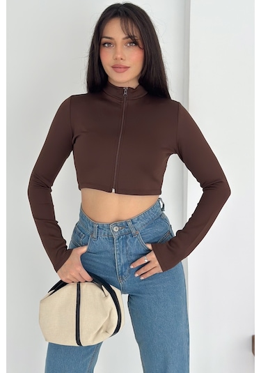 Kadın Fermuarlı Crop Ceket Dinamik & Modern Stil Kahverengi