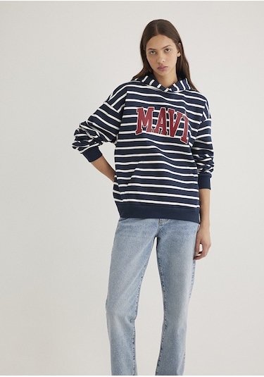 Mavi - Mavi Logo Baskılı Lacivert Çizgili Sweatshirt 1s10118-81518 Mavi