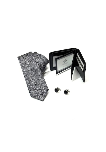 Gri Siyah Şal Desen Kravat Kol Düğmesi Cüzdan Özel Ahşap Kutu Set Çok Renkli