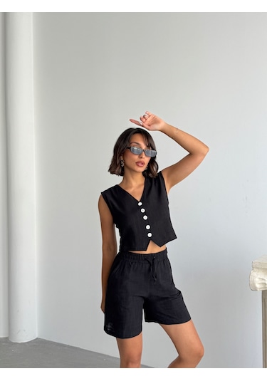 Kadın Keten Yelek Şort Alt Üst Takım Siyah