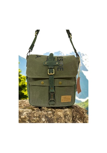 Vintage Baskılı Su Geçirmez Kanvas Deri Unisex Postacı Omuz Çantası 29 Cm X 30 Cm Haki