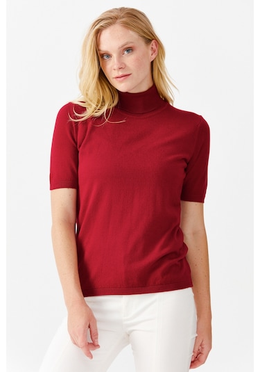 Desen Triko Kadın Likralı Kısa Kollu Tam Balıkçı Bluz 20346 Kırmı Kırmızı