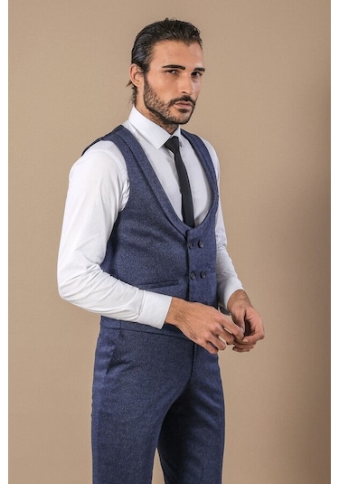 Desenli Kruvaze Mavi Erkek Yelek Pantolon Set - Wessi
