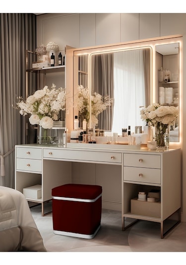 Zengo Silver Twin Line Kare Puf -bordo Kumaş, Dekoratif Makyaj Masası Pufu-modern Style