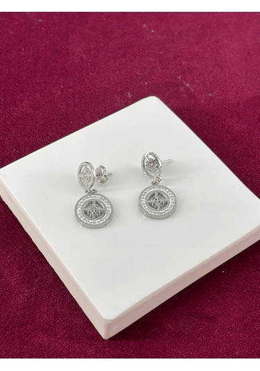 Ortası Çiçekli Ve Küçük Taşlı Sallantılı Silver Küpe Silver