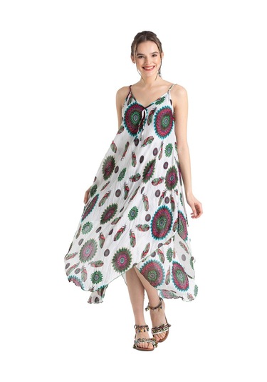 Askılı Vual Afrodit Midi Boy Elbise Yeşil-beyaz 6197 - Kadın Beyaz - Yeşil