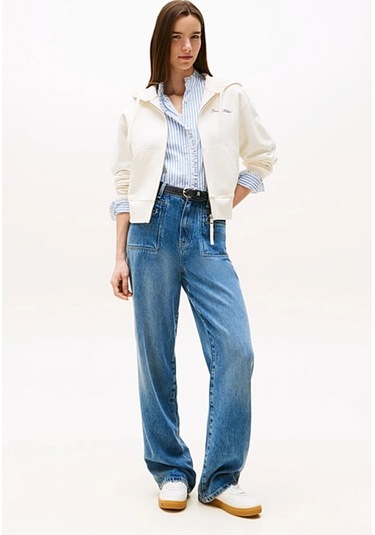 Tommy Hilfiger Kadın Yazı Baskılı Pike Fermuarlı Kapüşonlu Beyaz Sweatshirt Ww0ww45742ya8 Beyaz