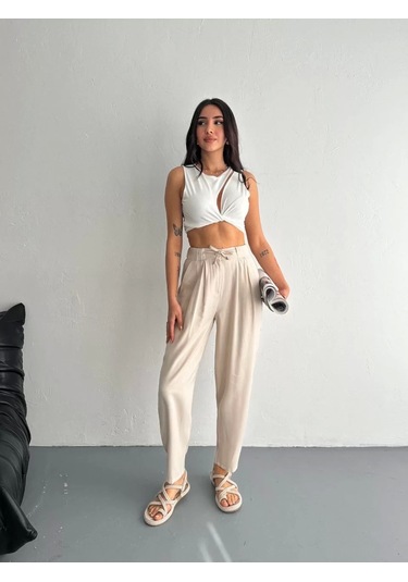 Kadın Yüksel Bel Beli Bağcıklı Rahat Boru Paça Pantalon - Kırık Beyaz Kırık Beyaz
