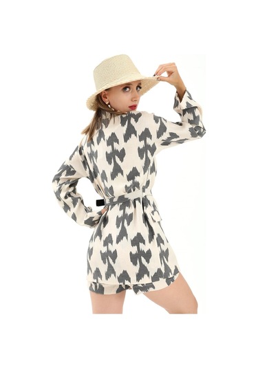 Kemerli Desenli Oversize Blazer Ceket - Siyah-siyah Siyah