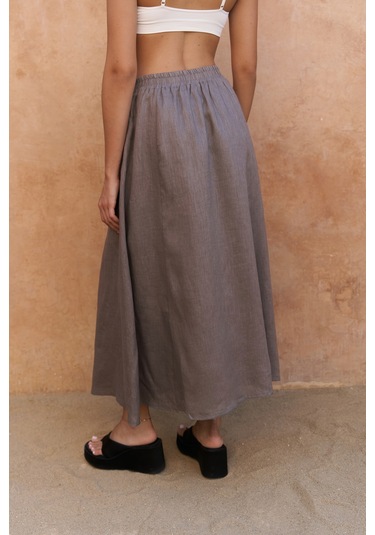 Fiametta Salaş Füme Keten Yelek Etek Takım Füme