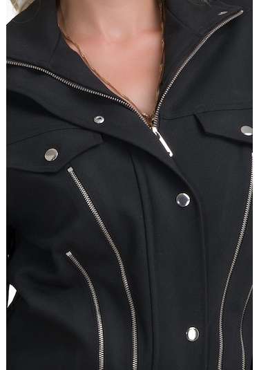 Bold & Young Kadın Viskon Polyester Likralı Kumaş Fermuar Aksesuarlı Kaşkorseli Cepli Ceket Siyah