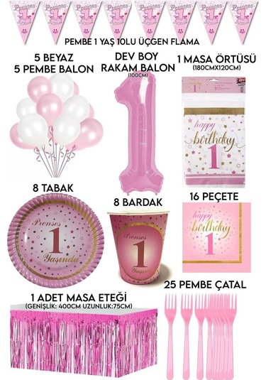 8 Kişilik Pembe Rakam Ve Beyaz Balonlu 1 Yaş Kız Doğum Günü Partisi Seti Tabak,bardak,peçete Vs
