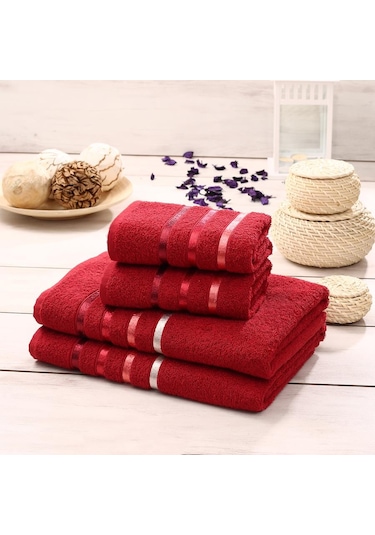 Bale 4 Lü Pamuklu Havlu Seti Geniş Renk Seçenekleri 70x140 Kırmızı