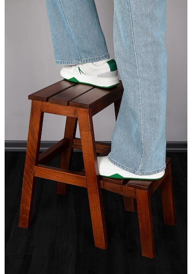 Refilya Masif Ahşap Katlanır Merdiven Tabure Ceviz