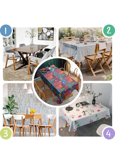 Noel Desenli Dikdörtgen Masa Örtüsü 60x84 İnç, Su Geçirmez Ve Leke Tutmaz Noel Hediye Ağacı