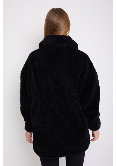 Kadın Siyah Peluş Rüzgar Geçirmez Welsoft Çift Cepli Kışlık Mont Kaban Siyah